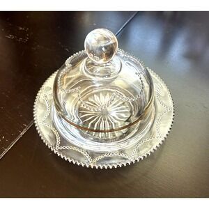 EAPG Beaded Festoon Covered Butter Dish Glass Dome Gold Trim UV Glow